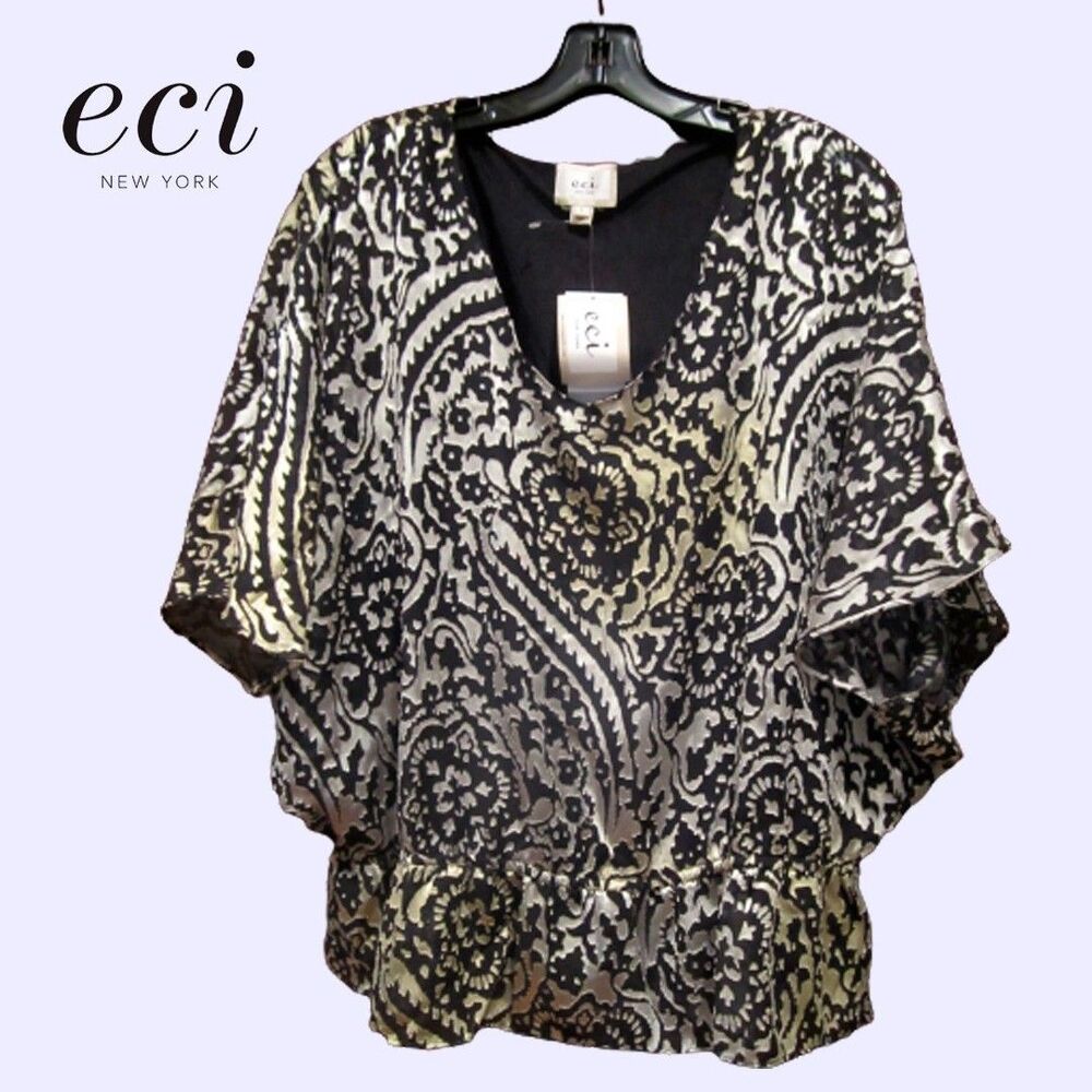 ECI NY NEW Metallic Paisley Flutter Sleeve Lined Tunic Blouse M NWT